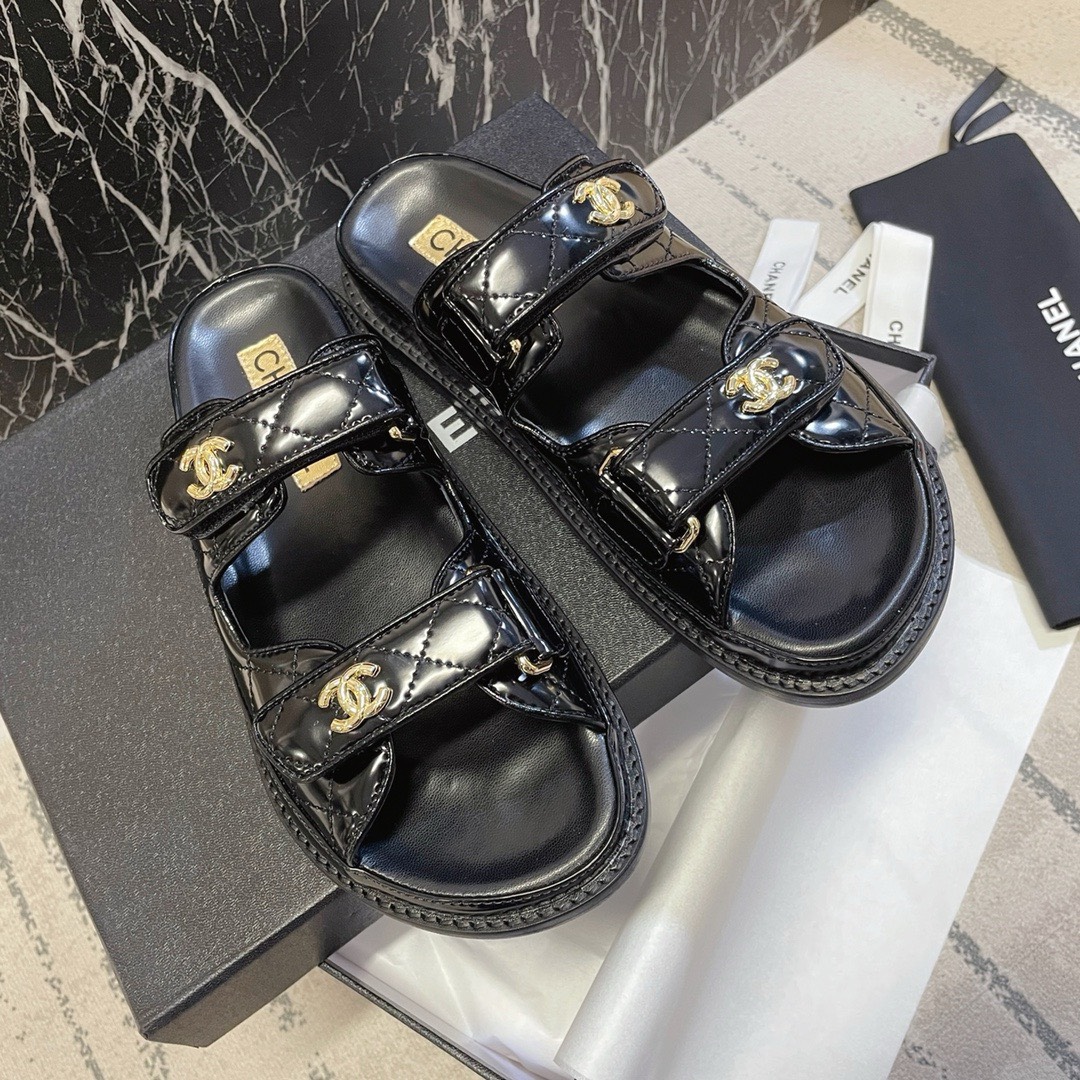 Bagsaaa Ch**el Dad Flat Slides Patent Black Leather