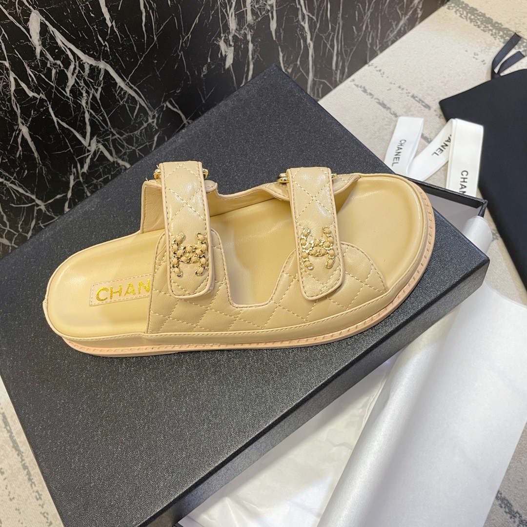 Bagsaaa Ch**el Dad Flat Slides Beige Leather