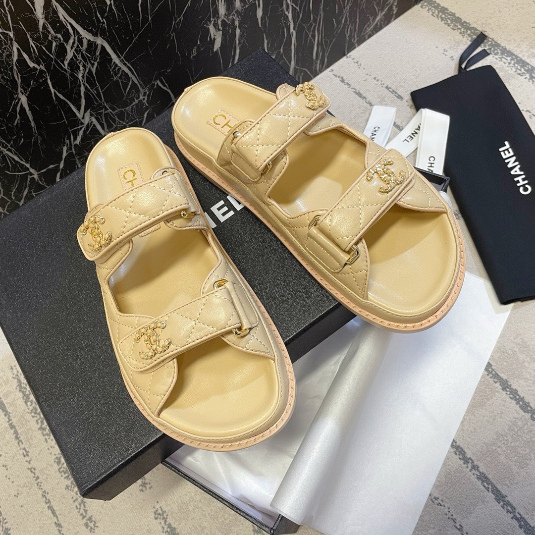 Bagsaaa Ch**el Dad Flat Slides Beige Leather