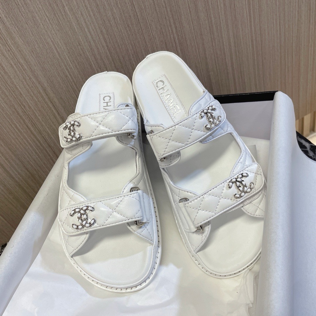 Bagsaaa Ch**el Dad Flat Slides White Leather