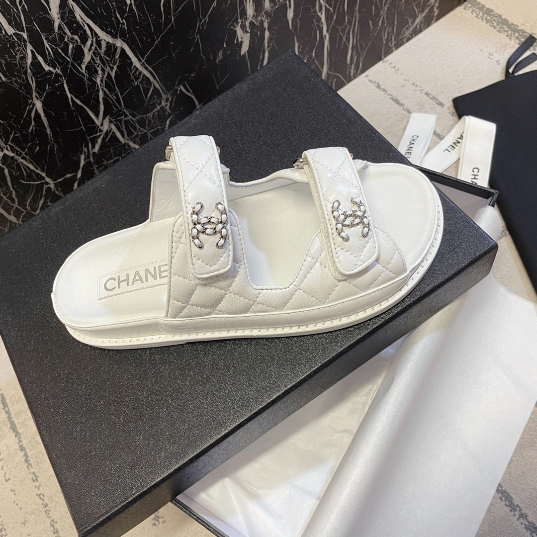 Bagsaaa Ch**el Dad Flat Slides White Leather