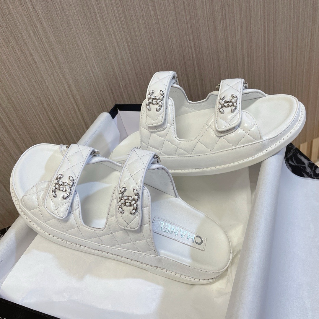 Bagsaaa Ch**el Dad Flat Slides White Leather