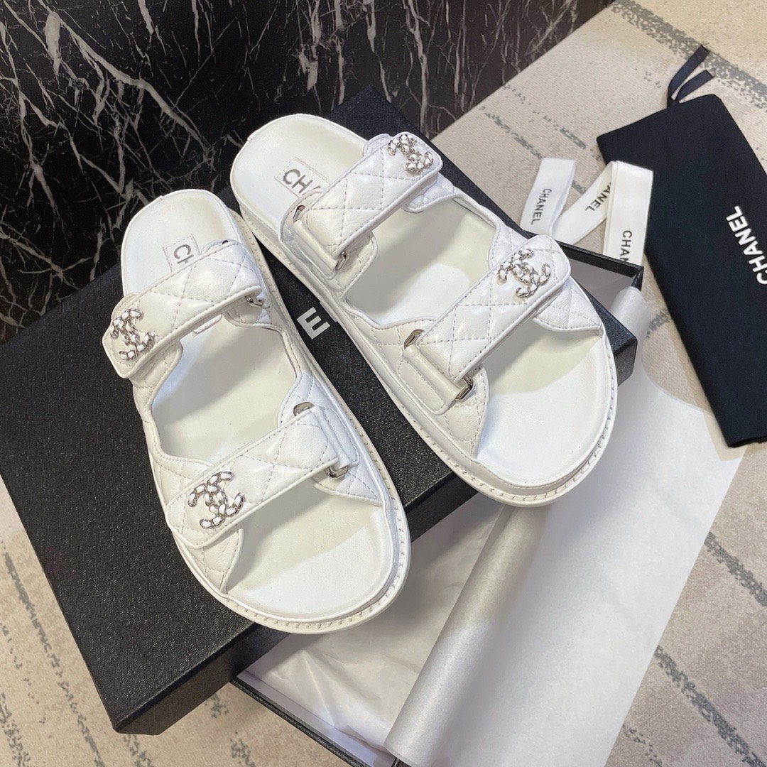 Bagsaaa Ch**el Dad Flat Slides White Leather