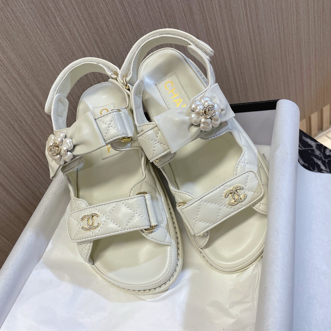 Bagsaaa Ch**el Dad Flat Sandals White Leather
