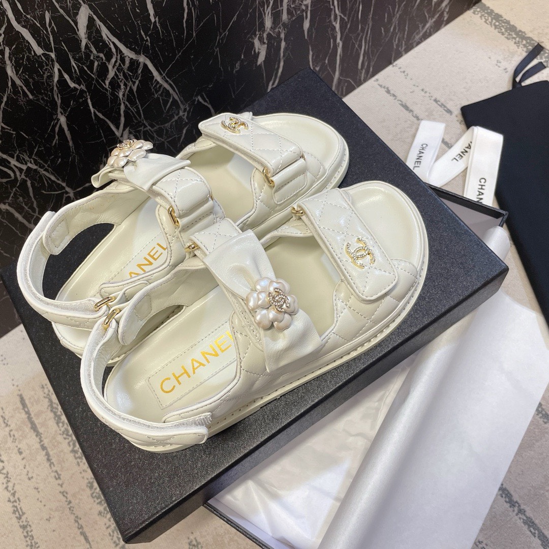Bagsaaa Ch**el Dad Flat Sandals White Leather