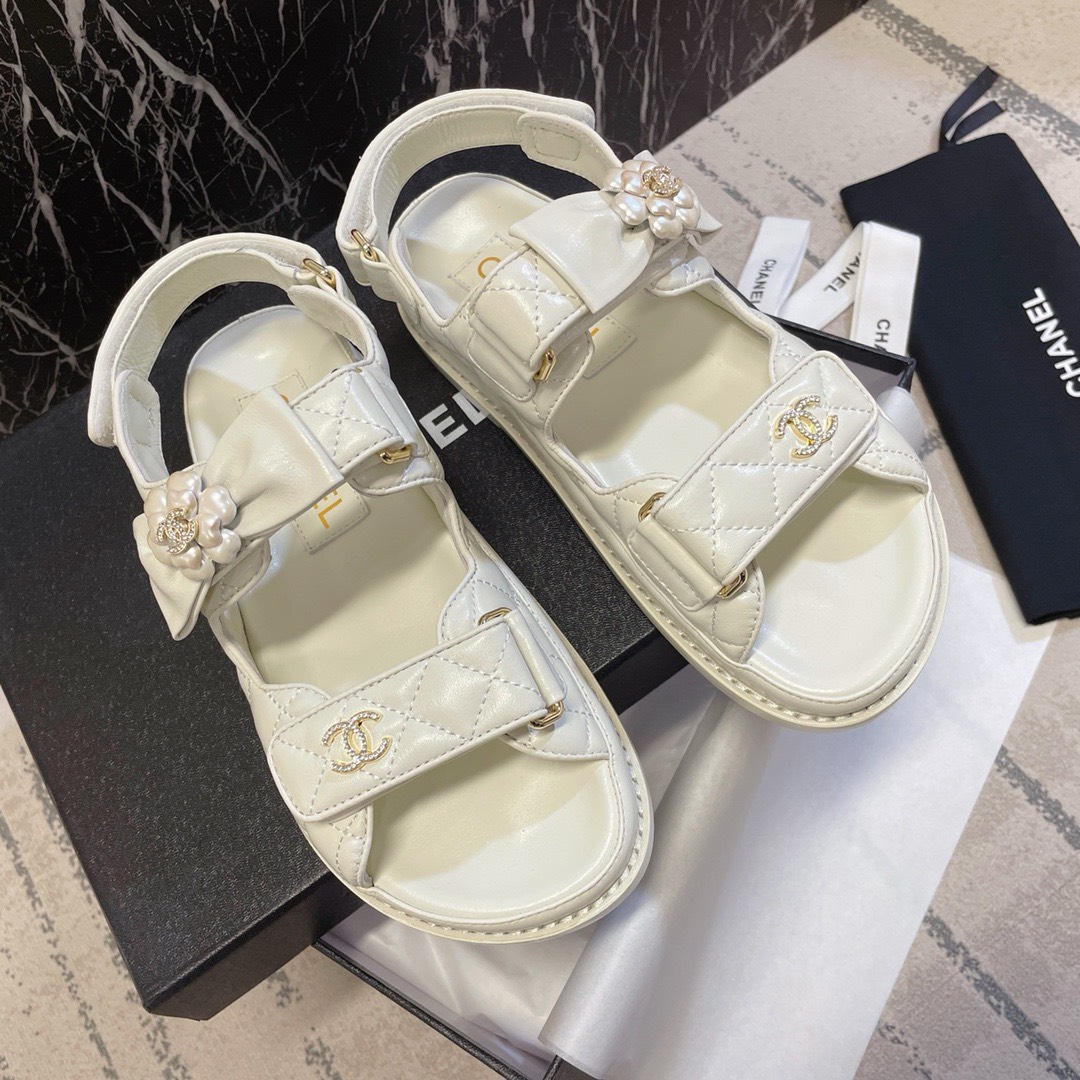 Bagsaaa Ch**el Dad Flat Sandals White Leather