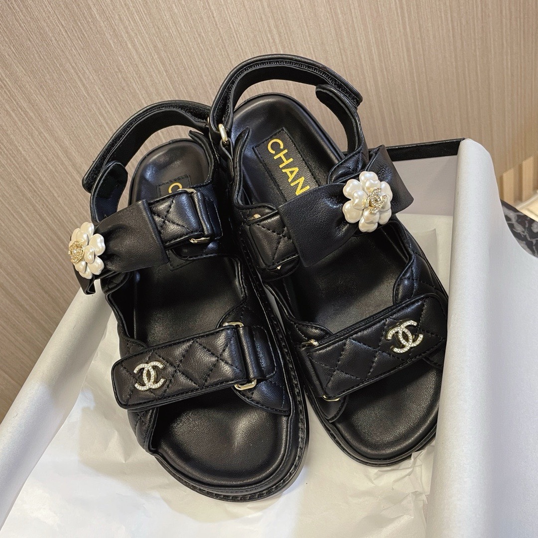 Bagsaaa Ch**el Dad Flat Sandals Black Leather With Flower