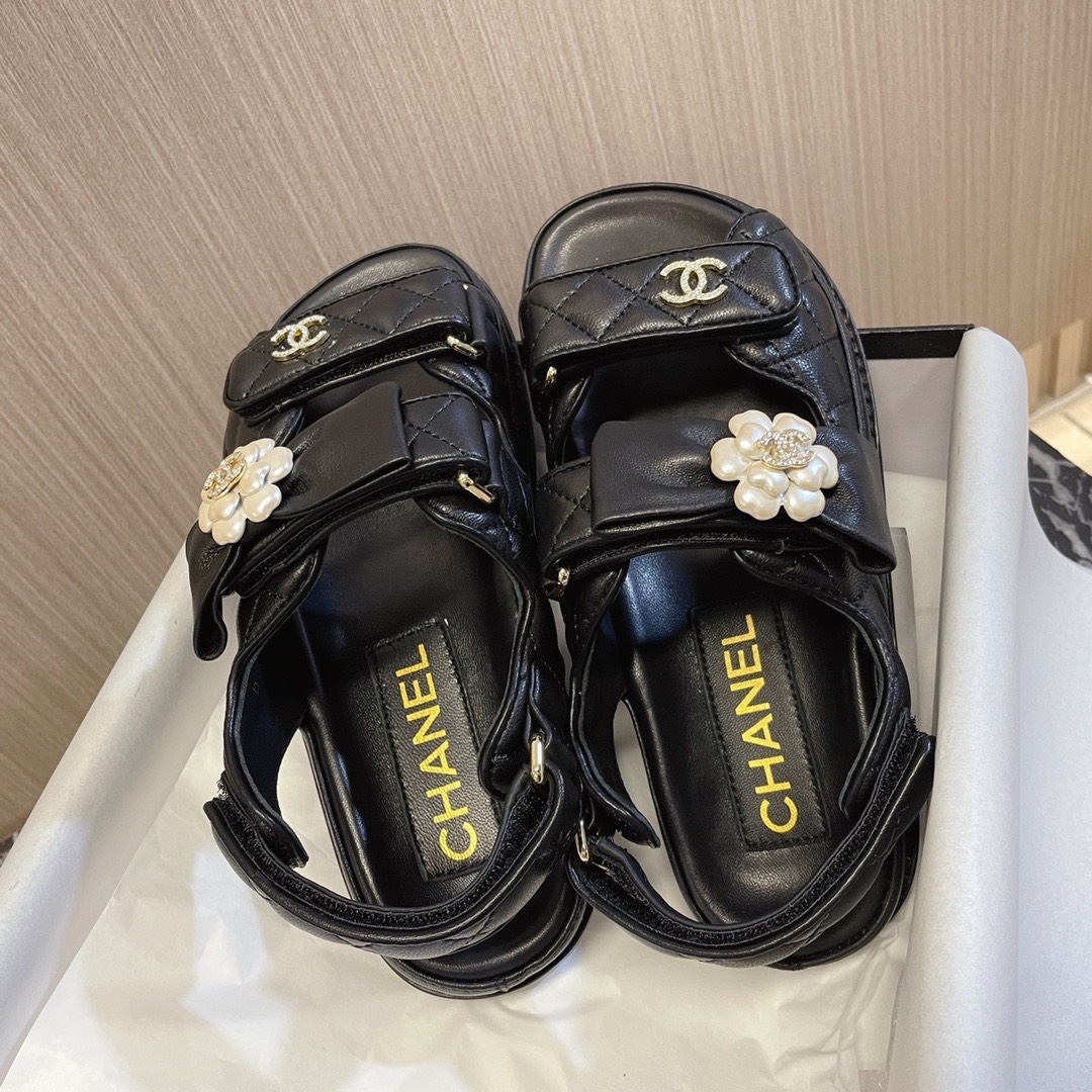 Bagsaaa Ch**el Dad Flat Sandals Black Leather With Flower