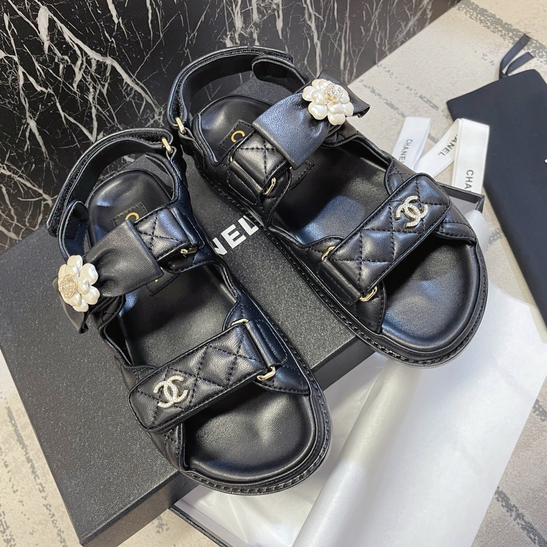 Bagsaaa Ch**el Dad Flat Sandals Black Leather With Flower