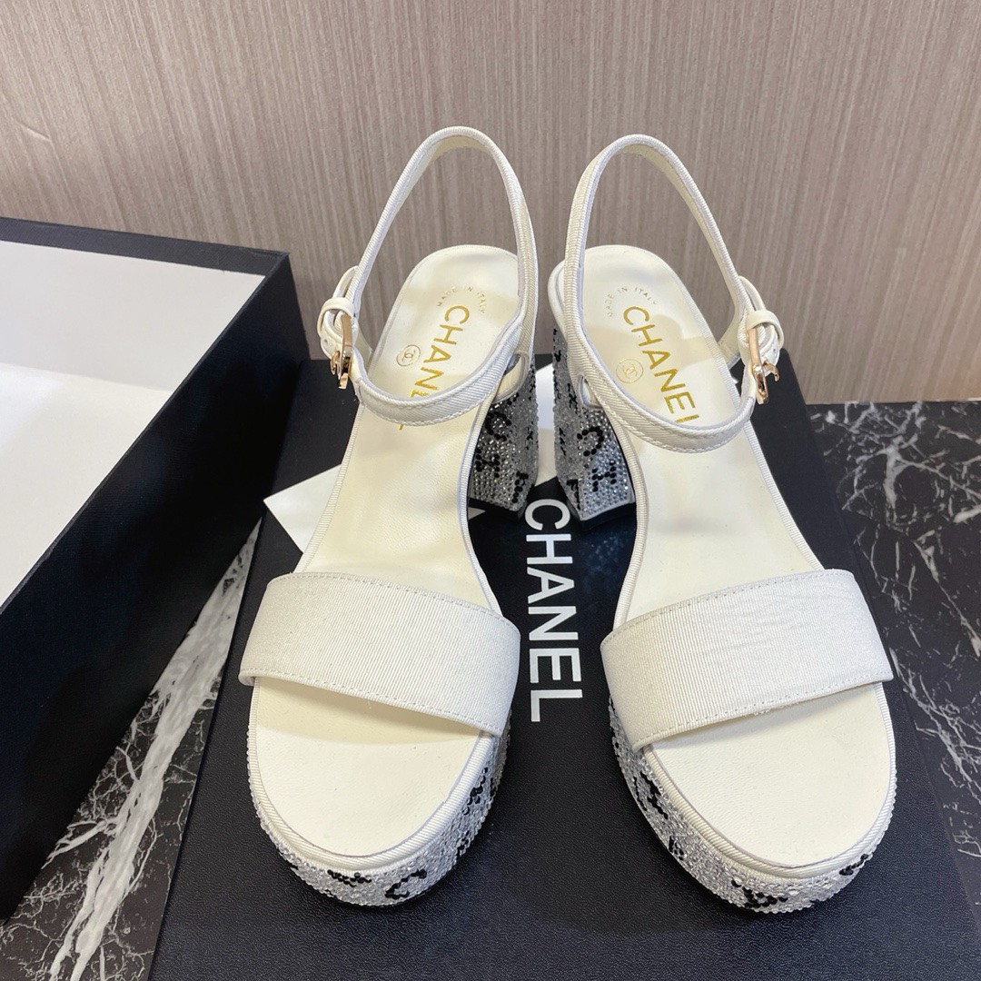 Bagsaaa Ch**el Heels Sandals In Silver
