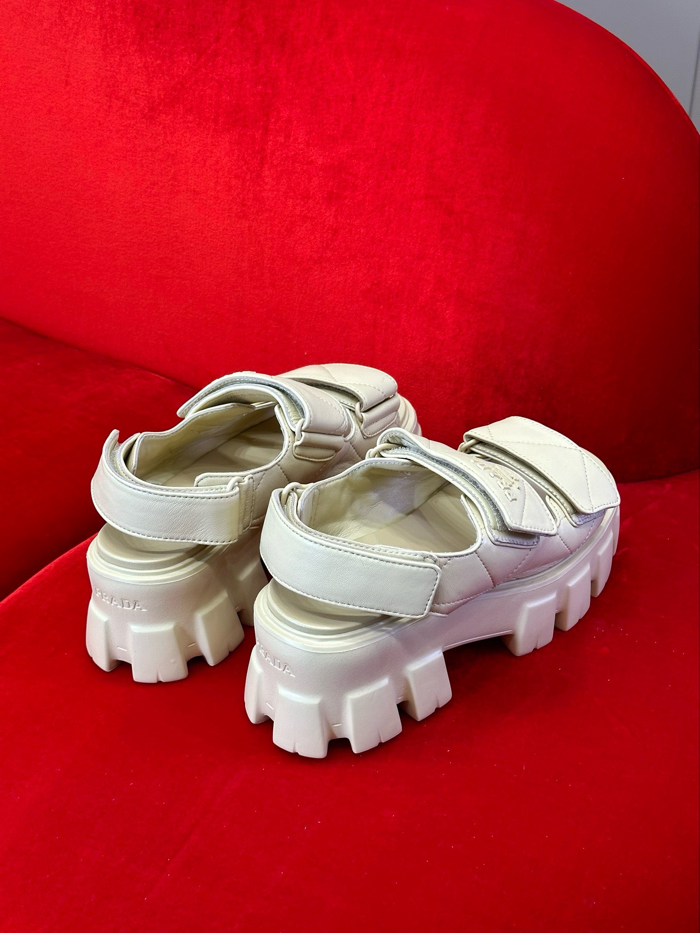 Bagsaaa Pra*a Triangle-Logo Quilted Sandals Beige