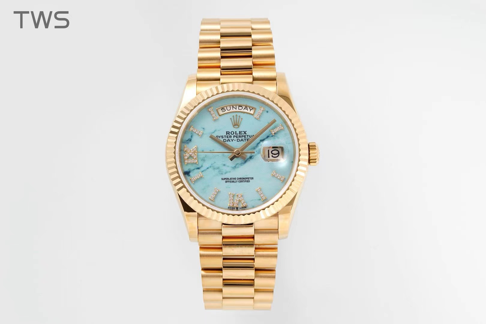 Bagsaaa R01ex Yellow Gold Day-Date 36 Watch Fluted Bezel Turquoise D1am0nd Dial President Bracelet