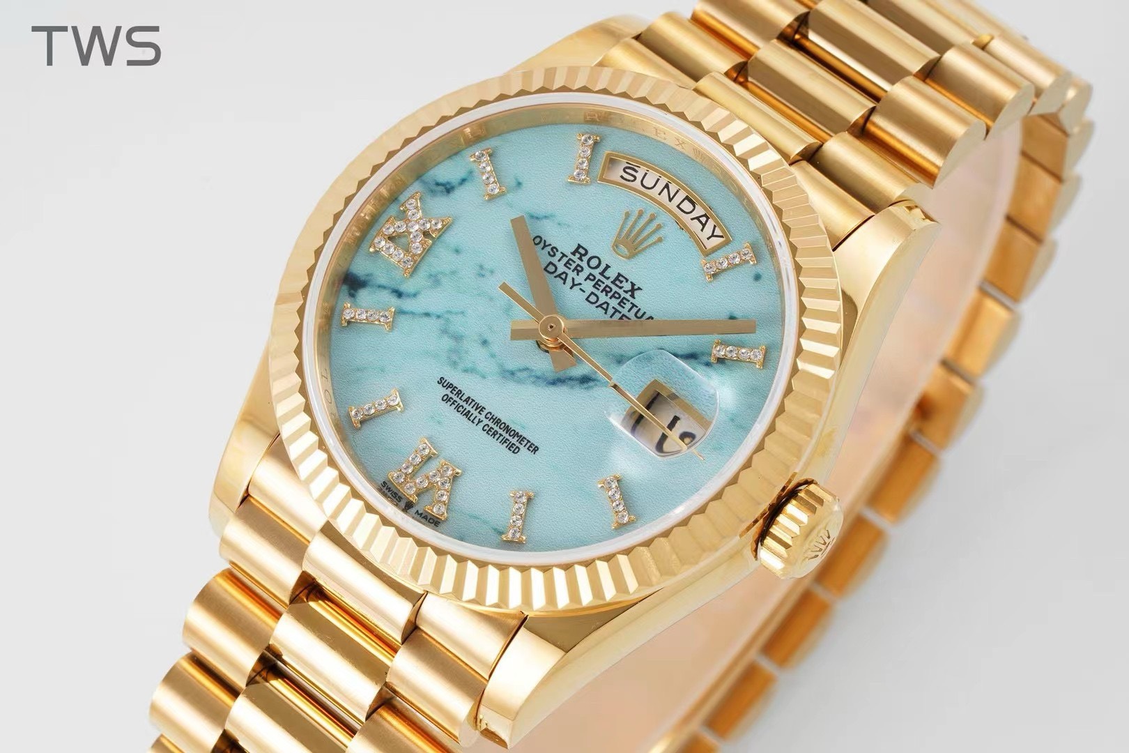 Bagsaaa R01ex Yellow Gold Day-Date 36 Watch Fluted Bezel Turquoise D1am0nd Dial President Bracelet