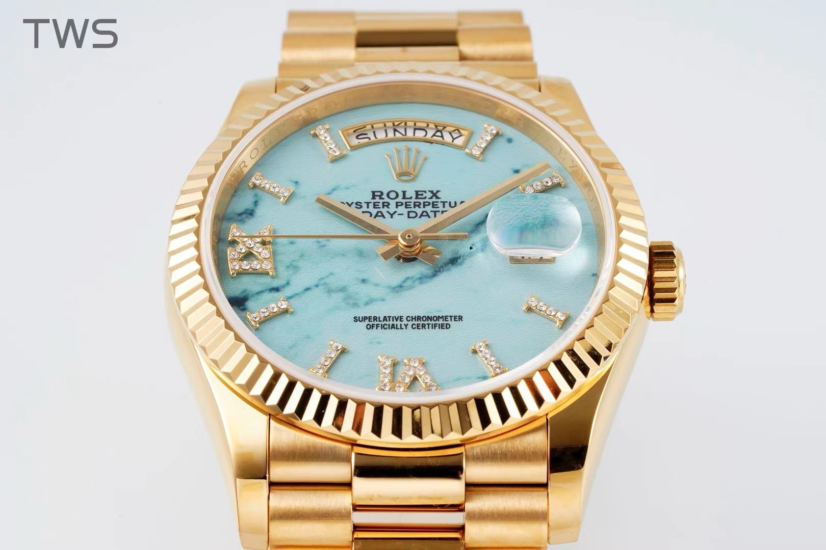 Bagsaaa R01ex Yellow Gold Day-Date 36 Watch Fluted Bezel Turquoise D1am0nd Dial President Bracelet