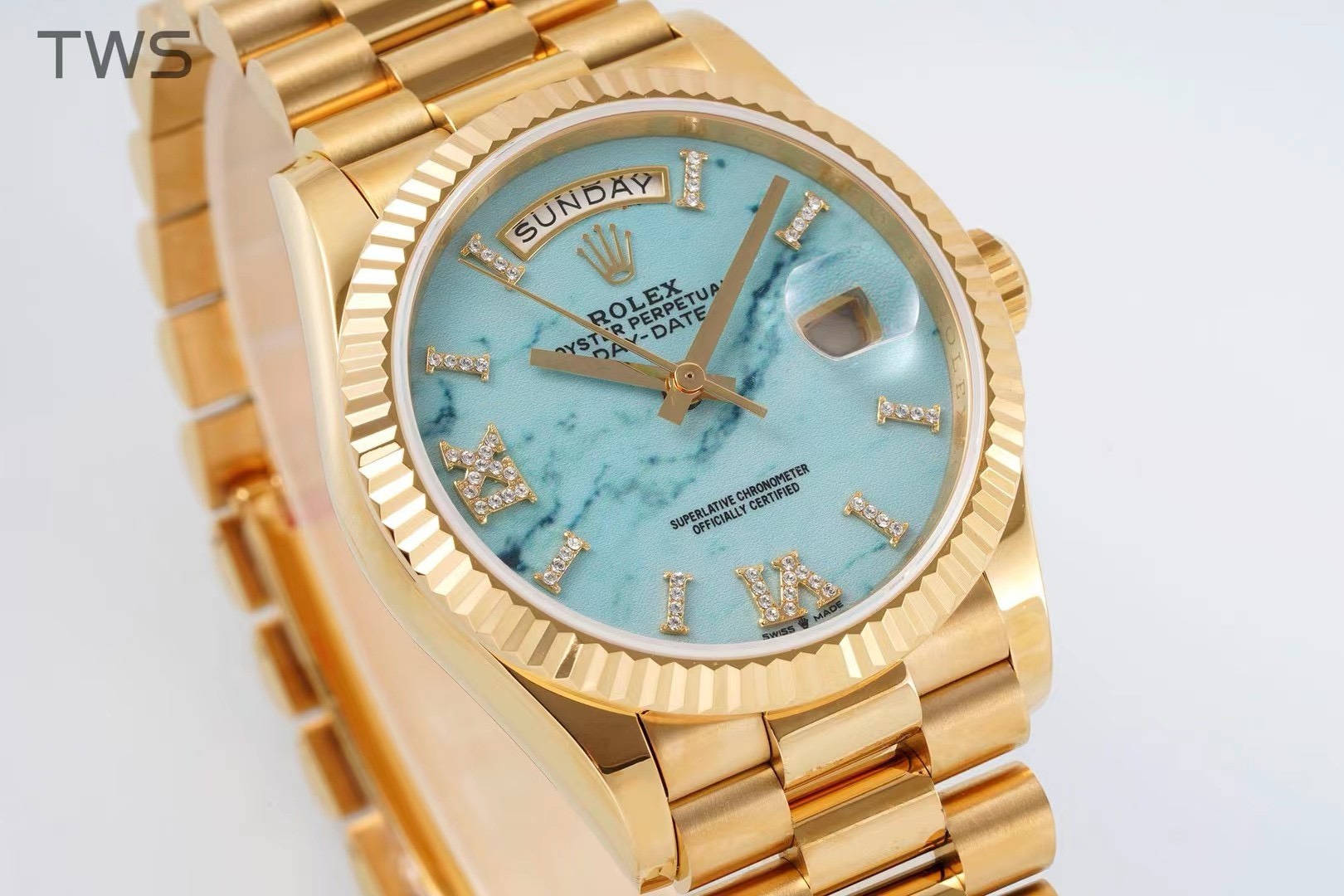 Bagsaaa R01ex Yellow Gold Day-Date 36 Watch Fluted Bezel Turquoise D1am0nd Dial President Bracelet