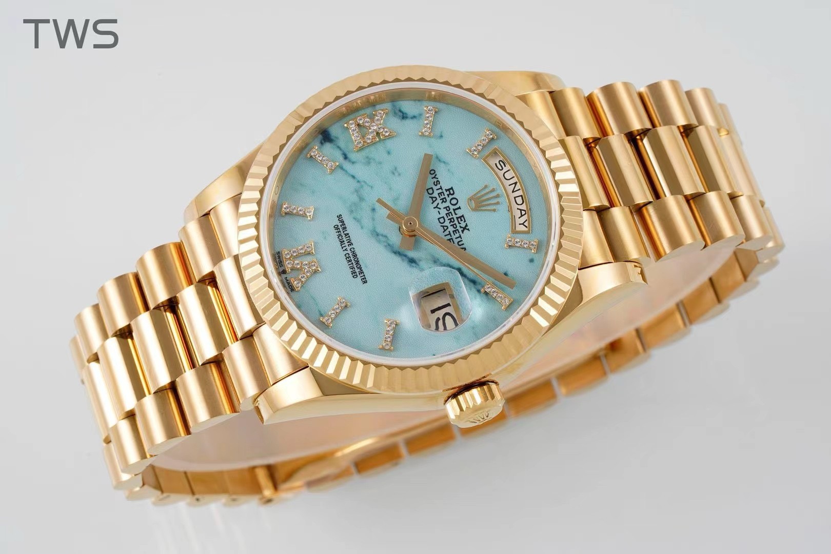 Bagsaaa R01ex Yellow Gold Day-Date 36 Watch Fluted Bezel Turquoise D1am0nd Dial President Bracelet
