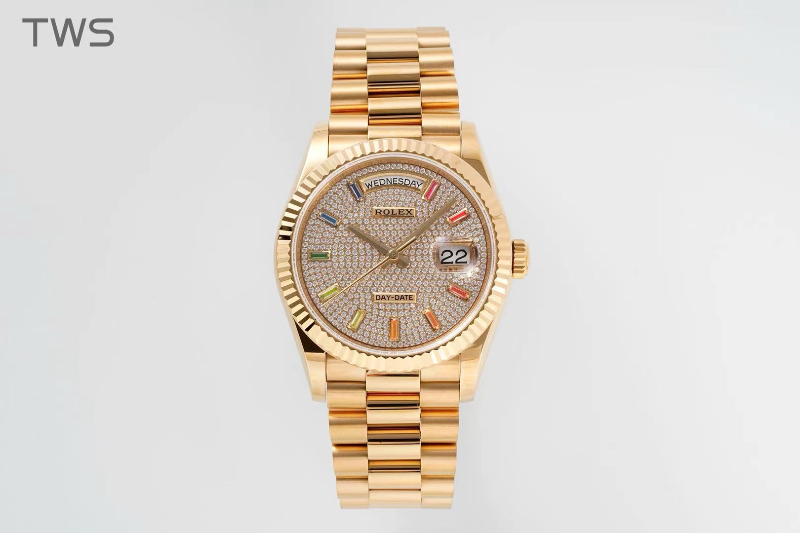 Bagsaa R01ex Watch Day-Date 36 18ct Yellow Gold Pave Factory Rainbow Sapphire