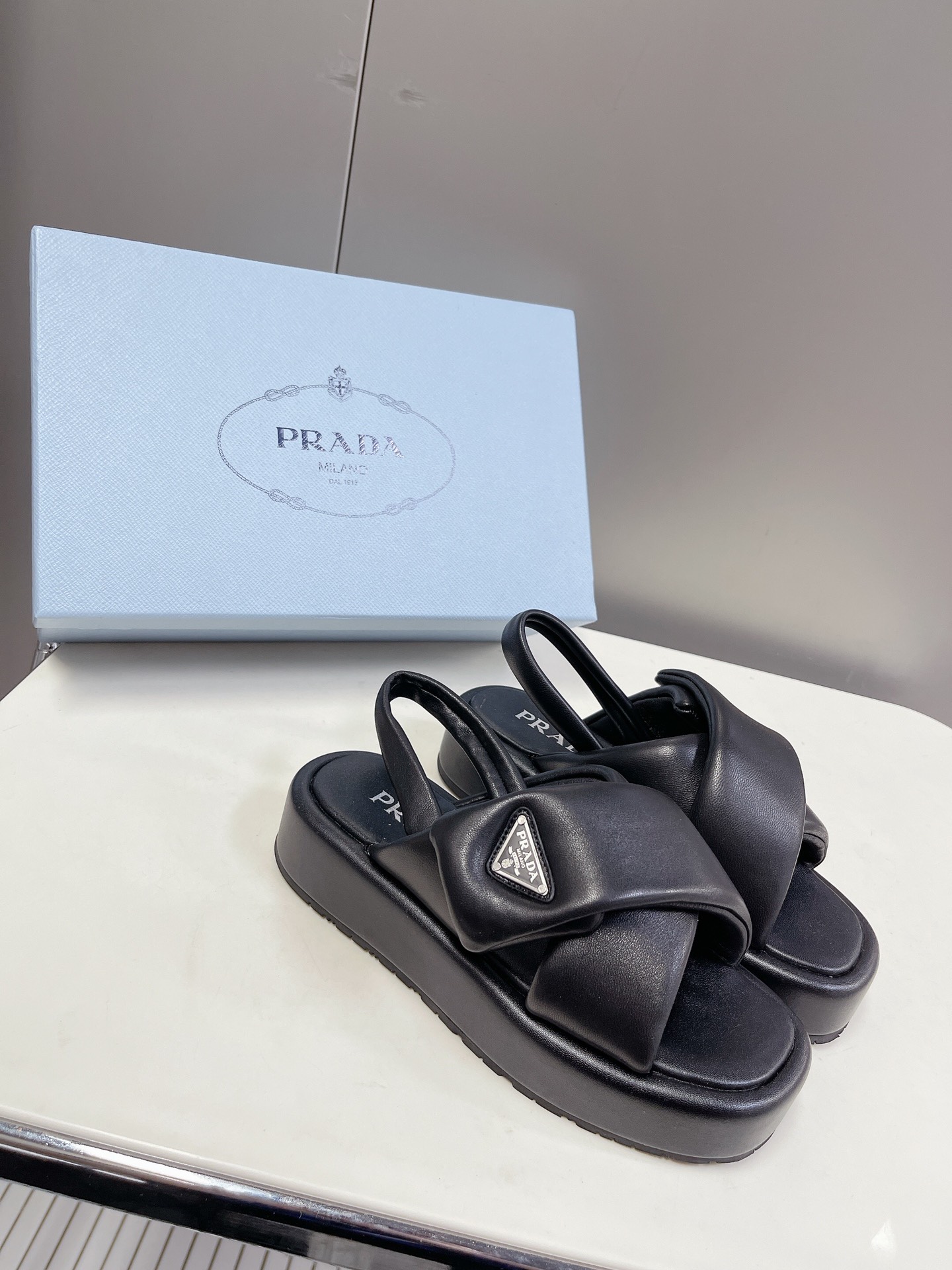 Bagsaaa Pra*a Soft Padded Nappa Leather Wedge Black Sandals