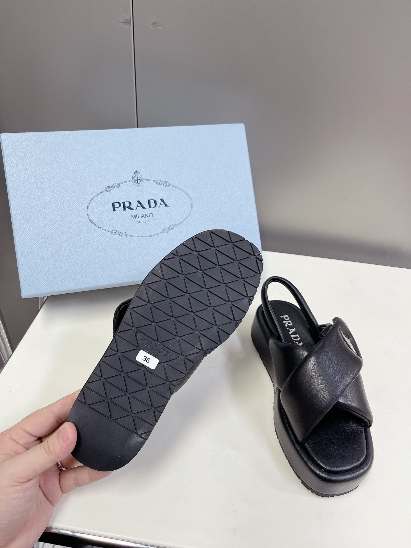 Bagsaaa Pra*a Soft Padded Nappa Leather Wedge Black Sandals