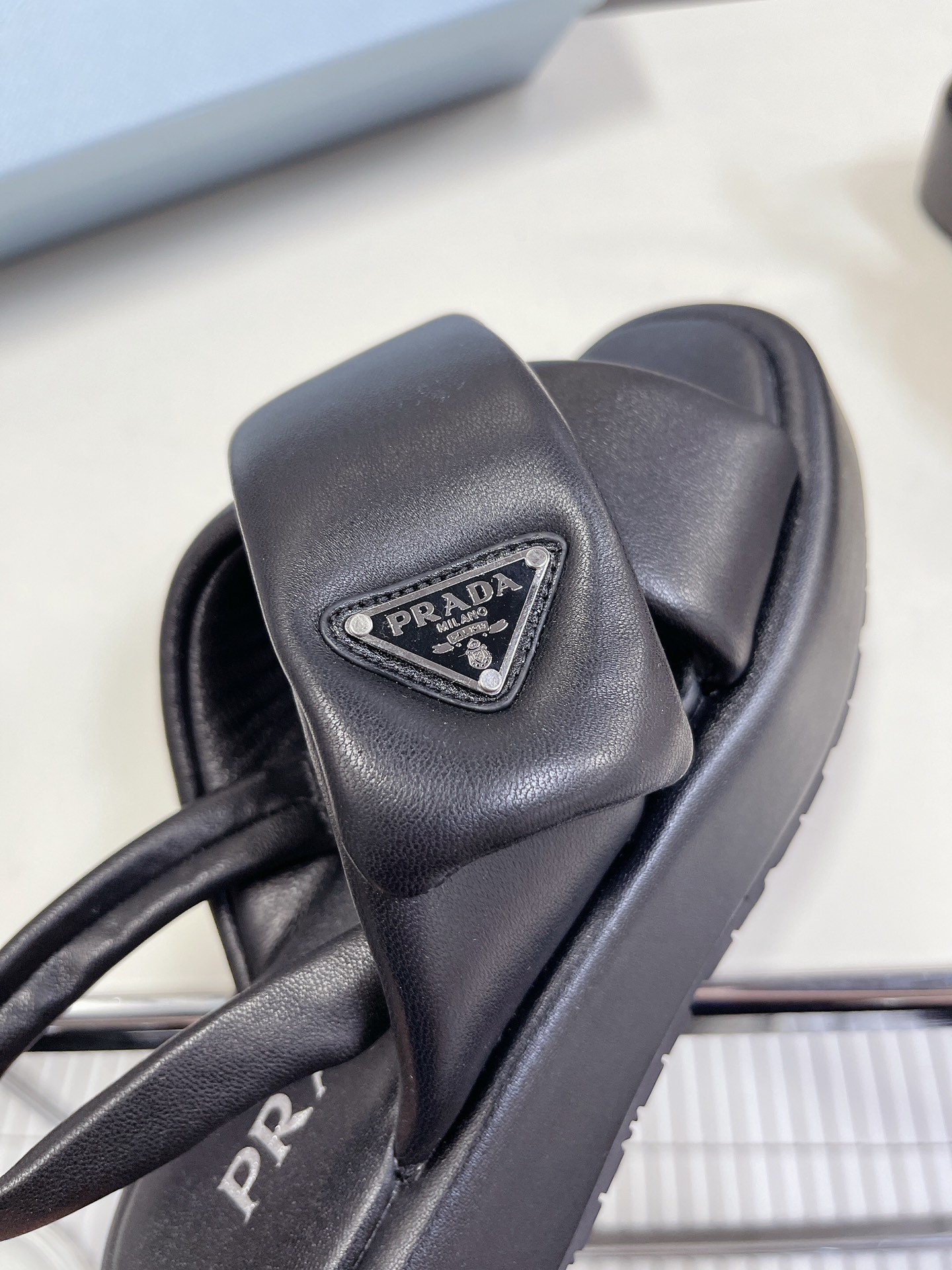 Bagsaaa Pra*a Soft Padded Nappa Leather Wedge Black Sandals