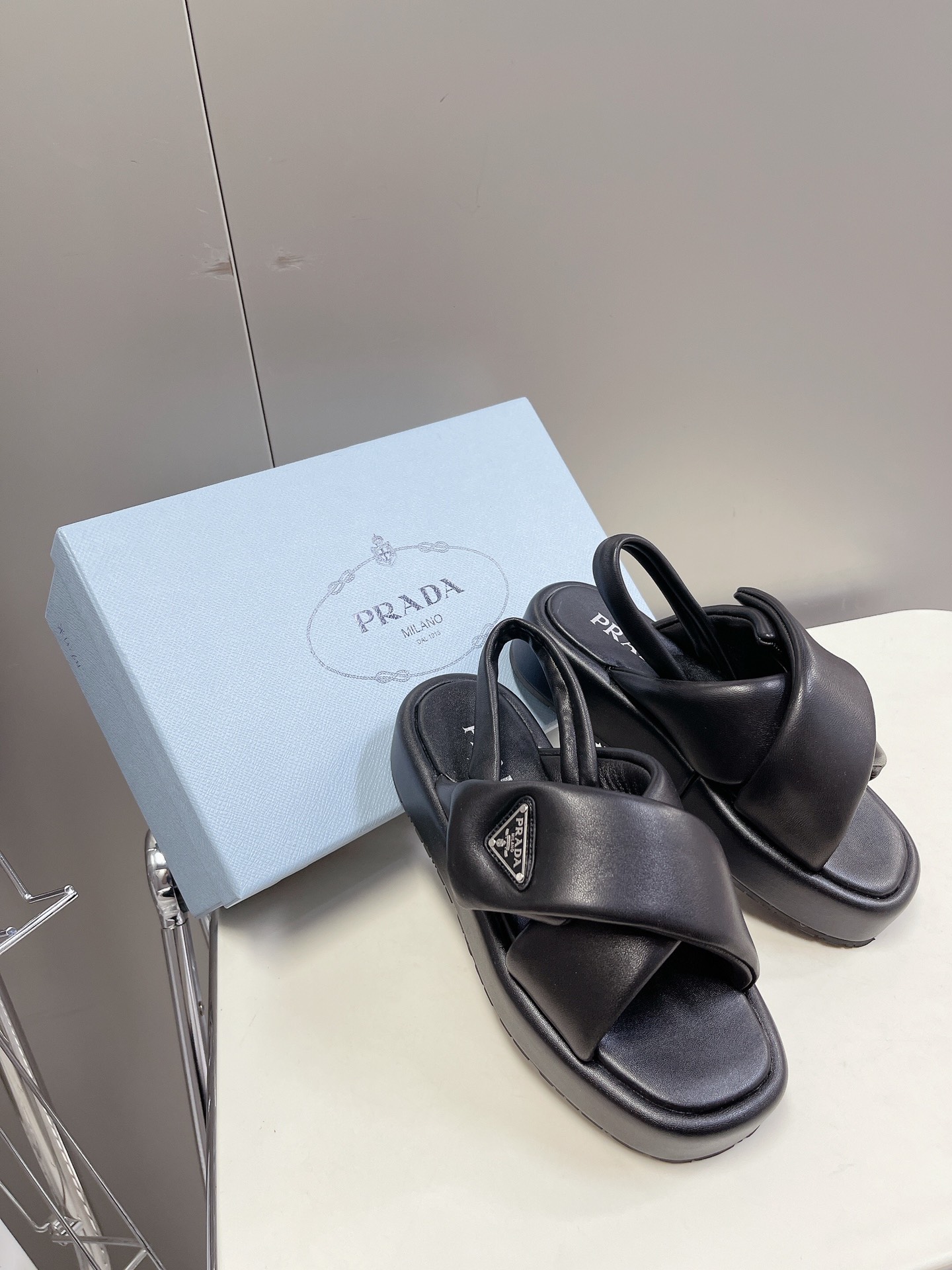 Bagsaaa Pra*a Soft Padded Nappa Leather Wedge Black Sandals