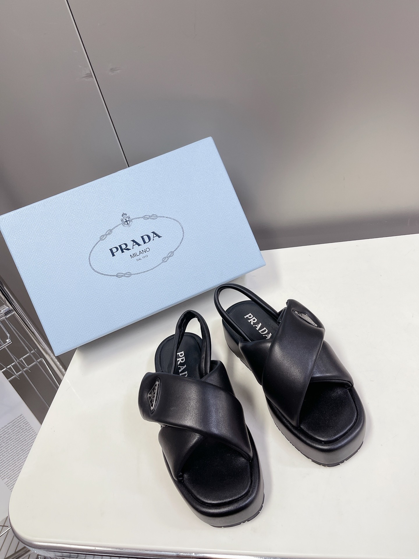 Bagsaaa Pra*a Soft Padded Nappa Leather Wedge Black Sandals