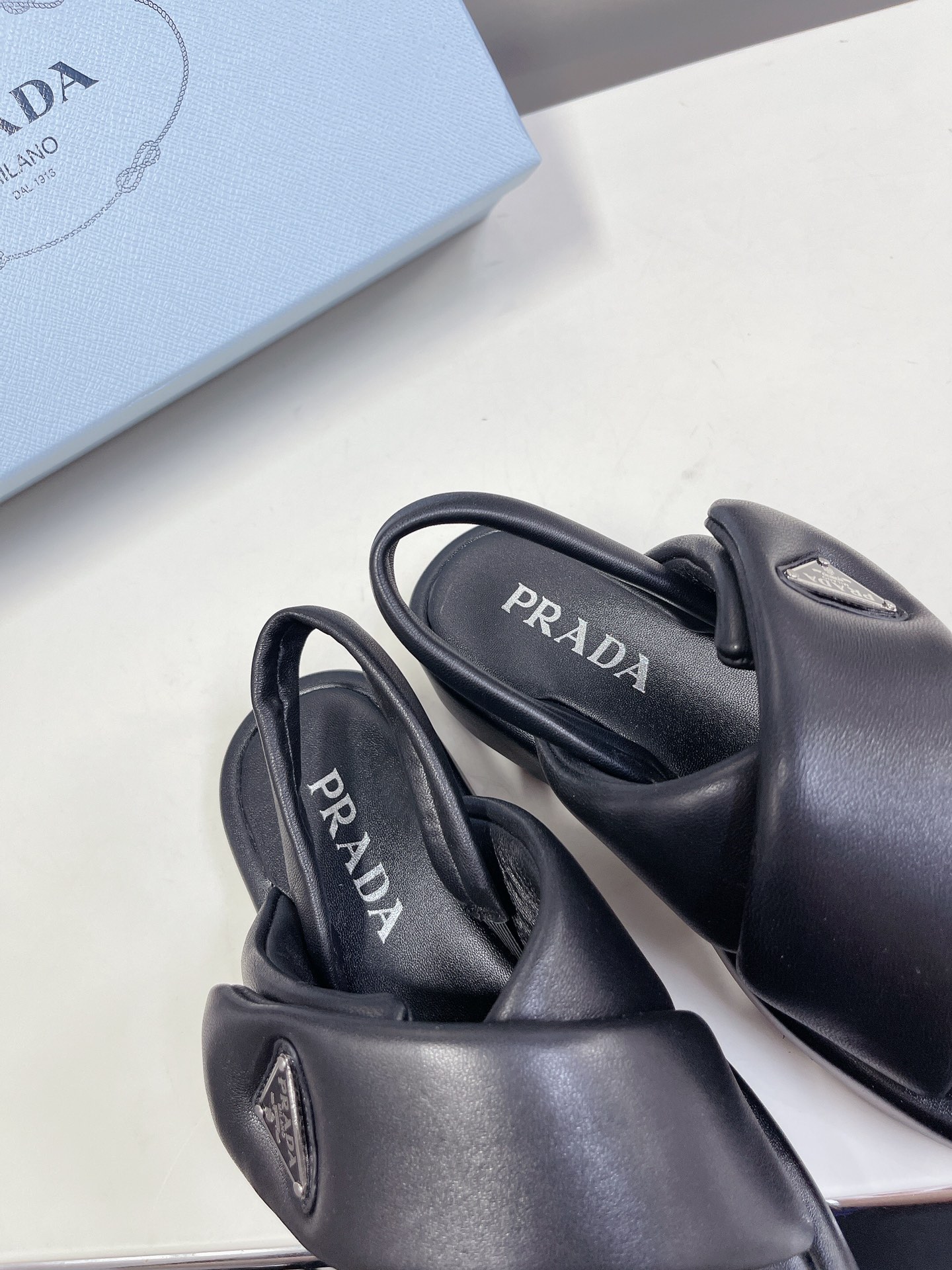 Bagsaaa Pra*a Soft Padded Nappa Leather Wedge Black Sandals