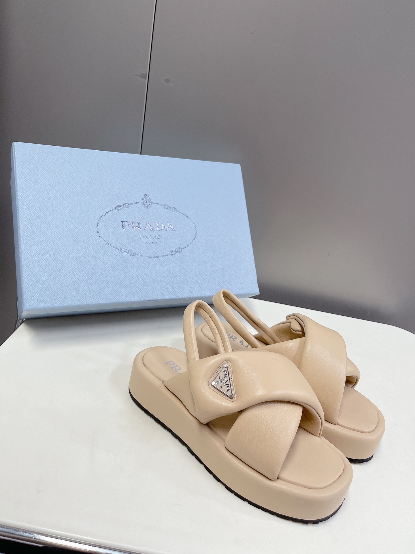 Bagsaaa Pra*a Soft Padded Nappa Leather Wedge Beige Sandals
