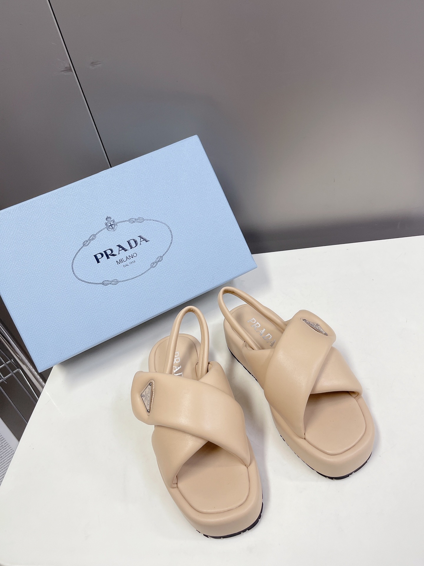 Bagsaaa Pra*a Soft Padded Nappa Leather Wedge Beige Sandals