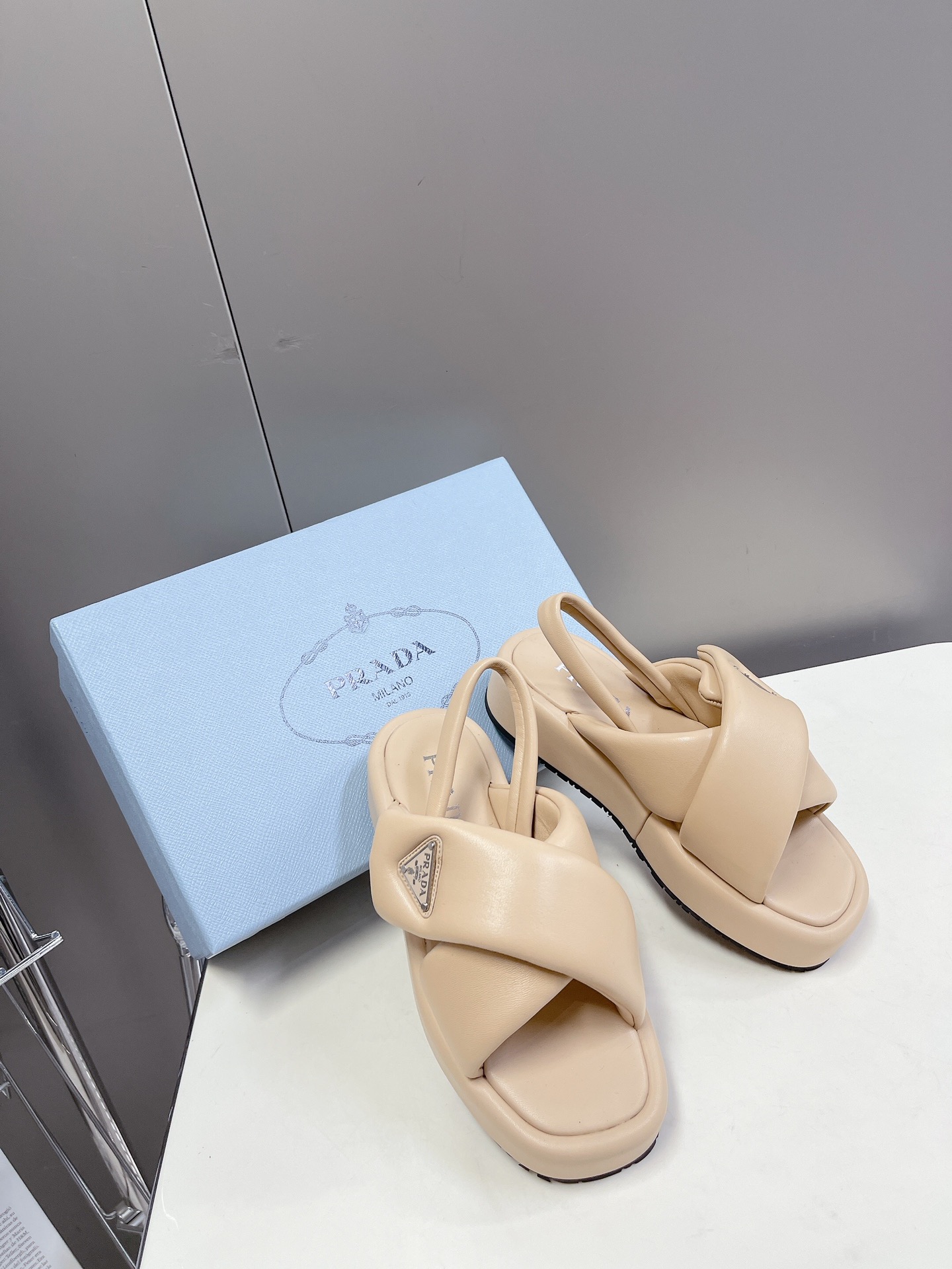 Bagsaaa Pra*a Soft Padded Nappa Leather Wedge Beige Sandals
