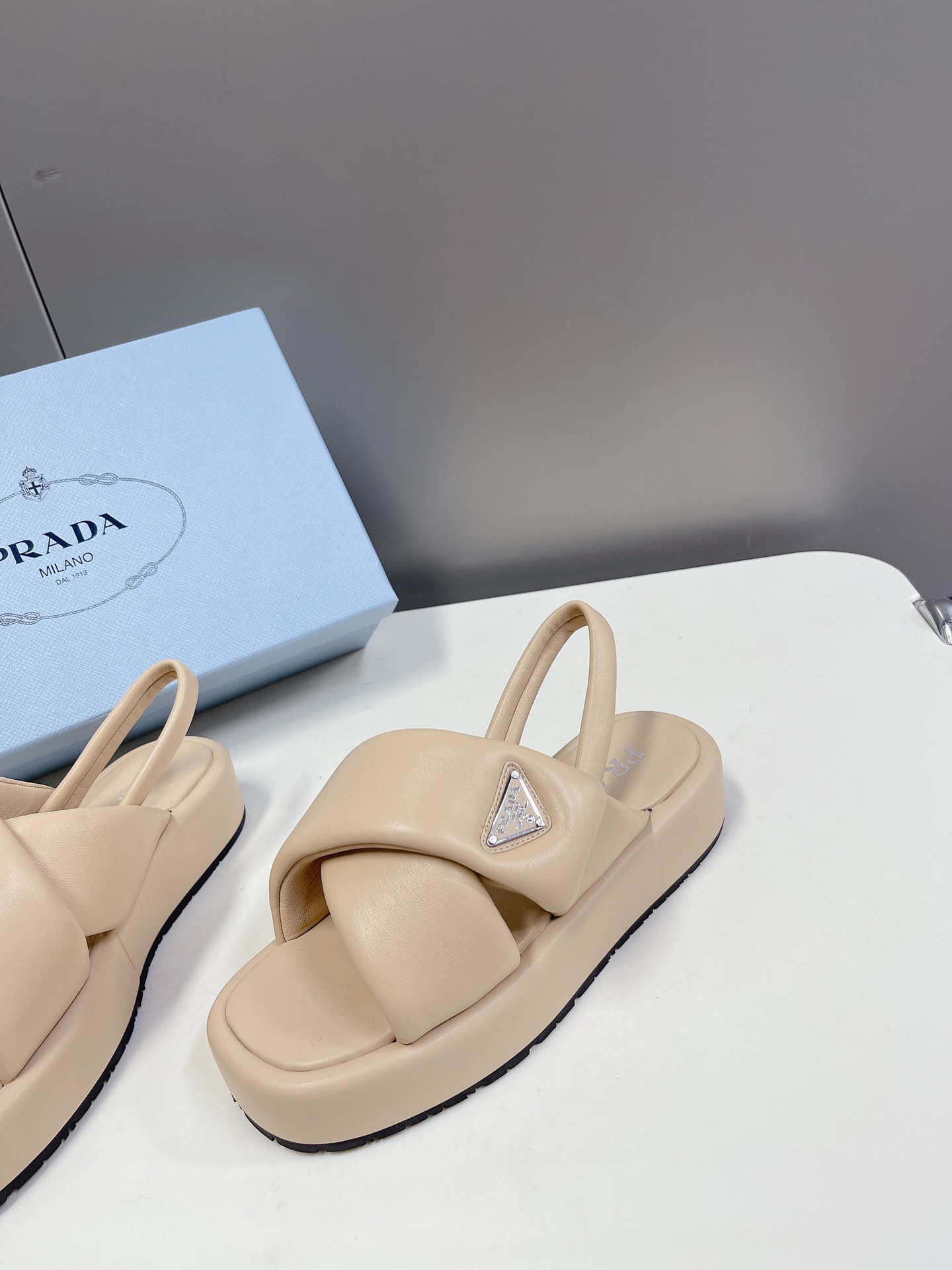 Bagsaaa Pra*a Soft Padded Nappa Leather Wedge Beige Sandals