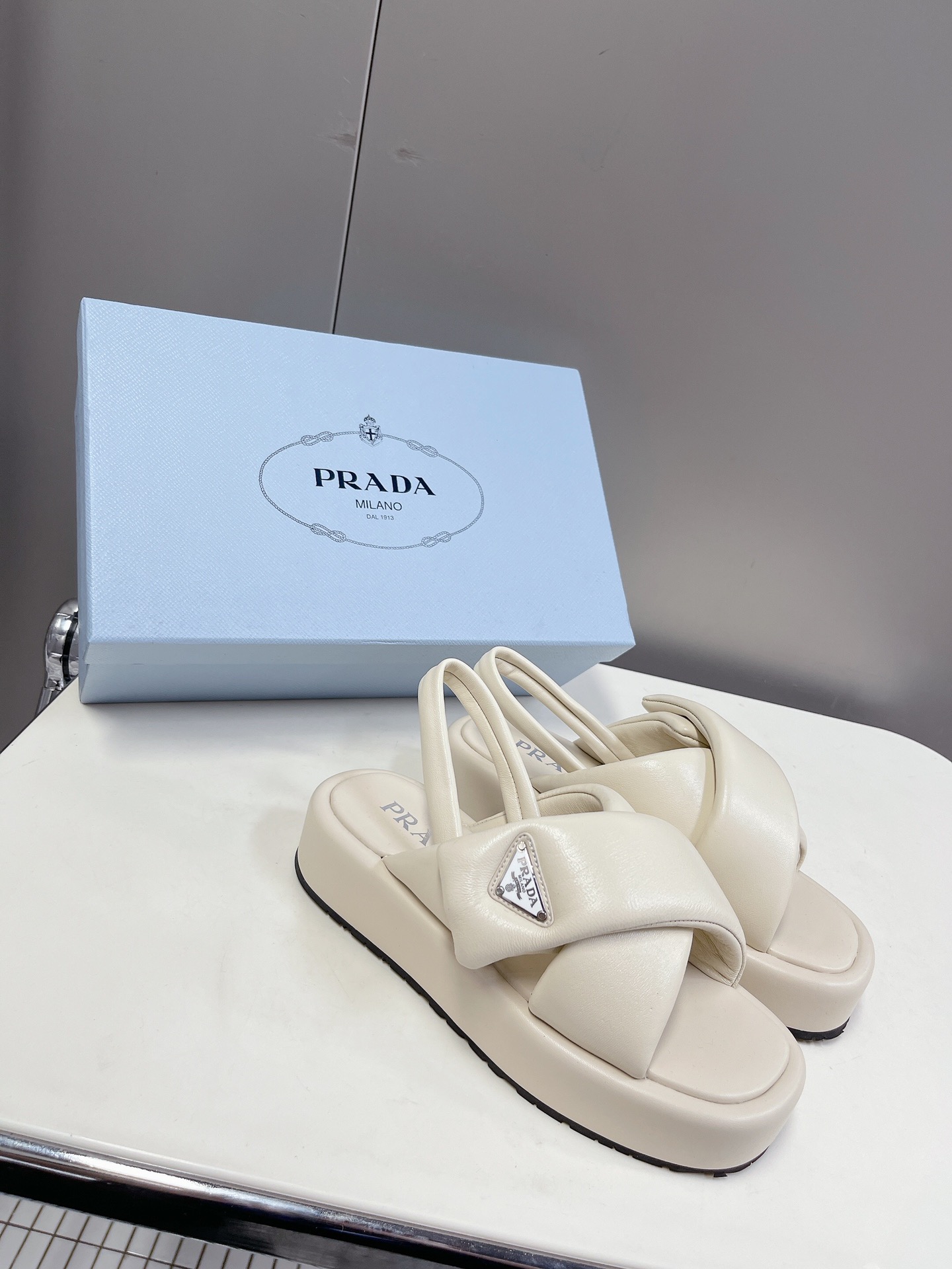 Bagsaaa Pra*a Soft Padded Nappa Leather Wedge Off White Sandals