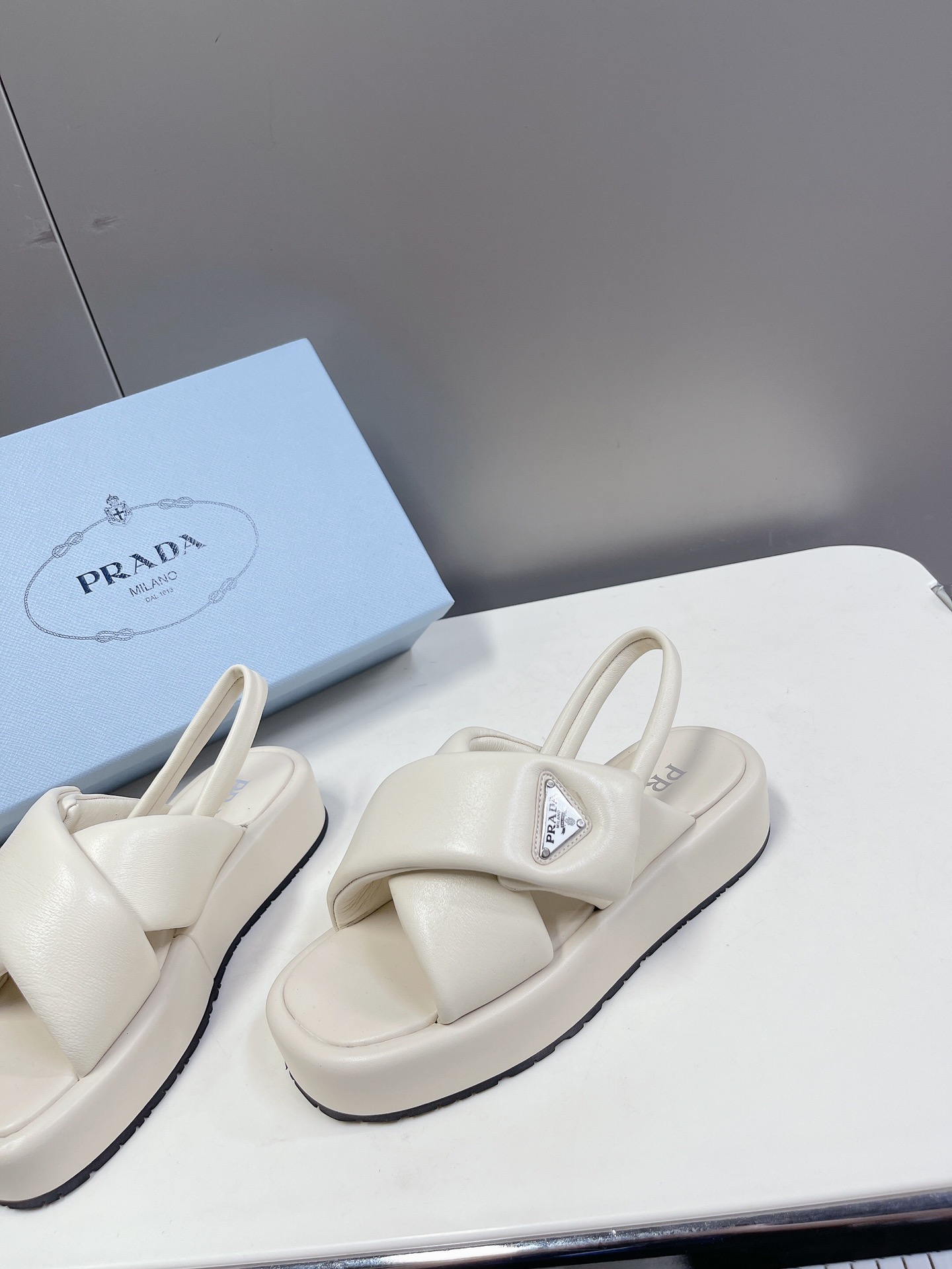 Bagsaaa Pra*a Soft Padded Nappa Leather Wedge Off White Sandals