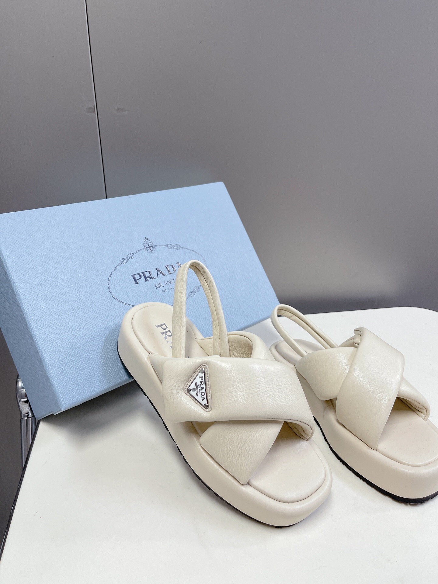 Bagsaaa Pra*a Soft Padded Nappa Leather Wedge Off White Sandals