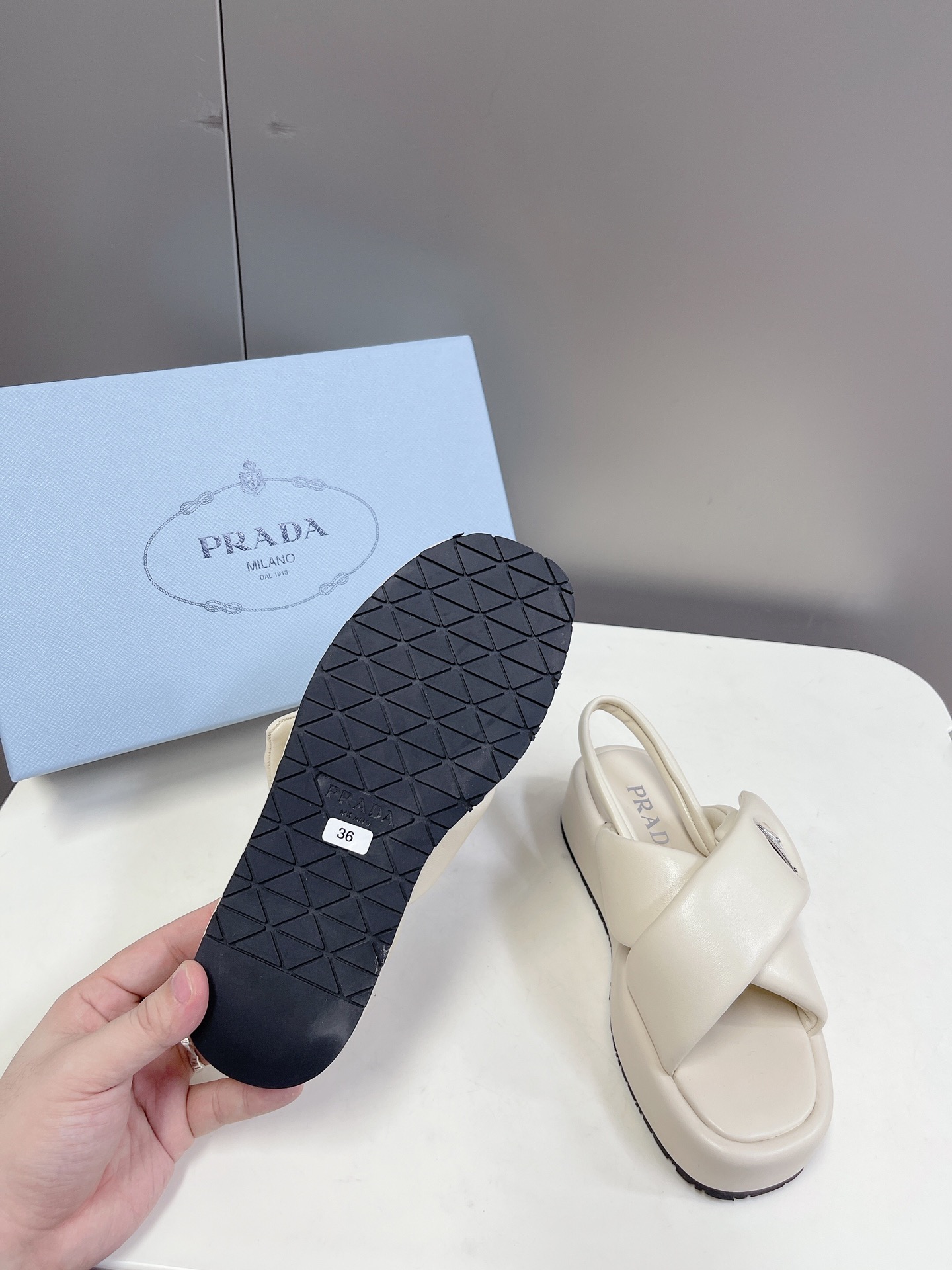 Bagsaaa Pra*a Soft Padded Nappa Leather Wedge Off White Sandals