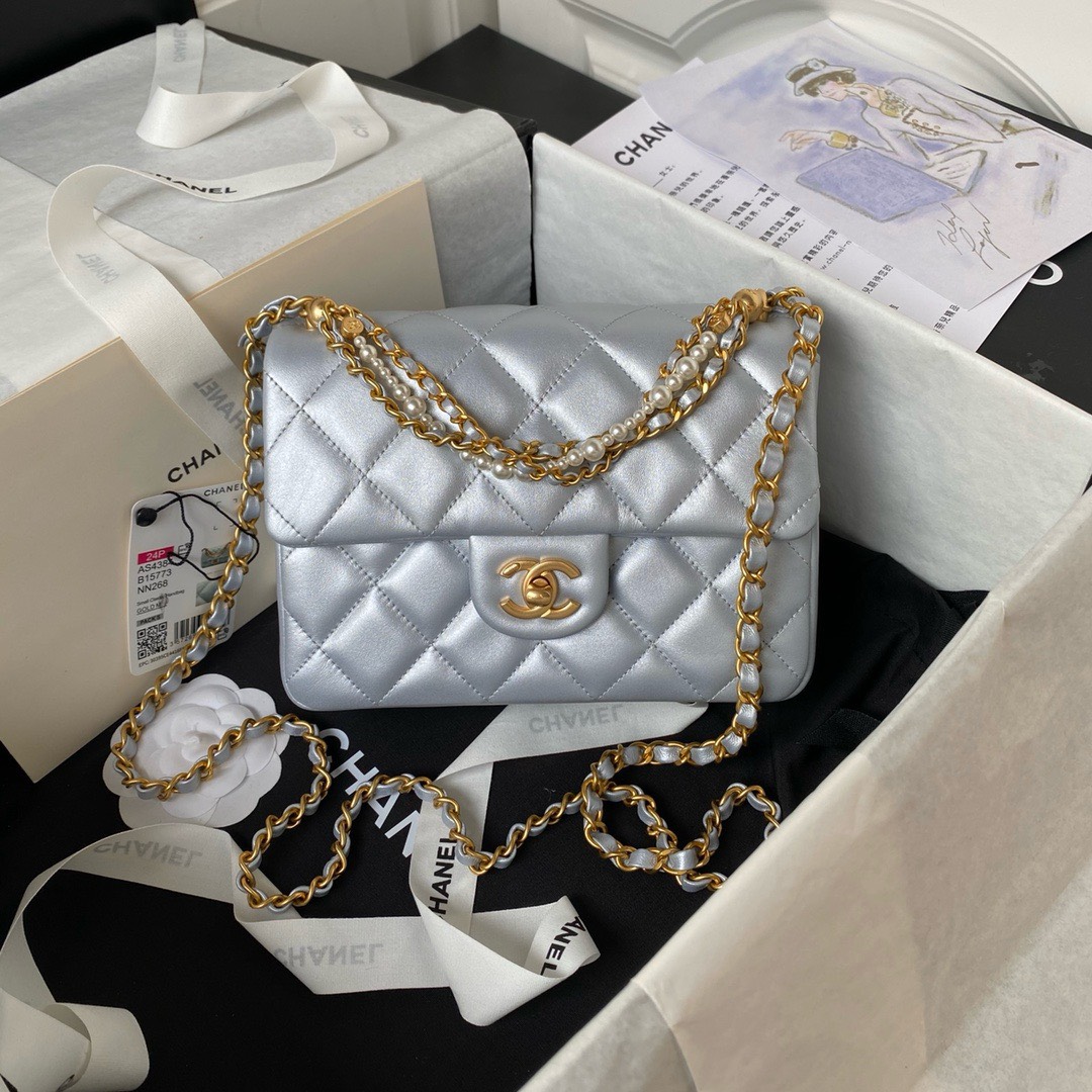 Bagsaaa Ch**el Flap Bag With Pearl Chain Strap Silver - 14.5x19.5x7.5cm