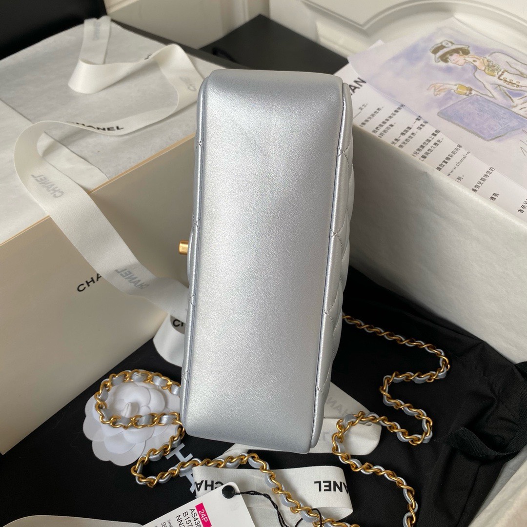 Bagsaaa Ch**el Flap Bag With Pearl Chain Strap Silver - 14.5x19.5x7.5cm