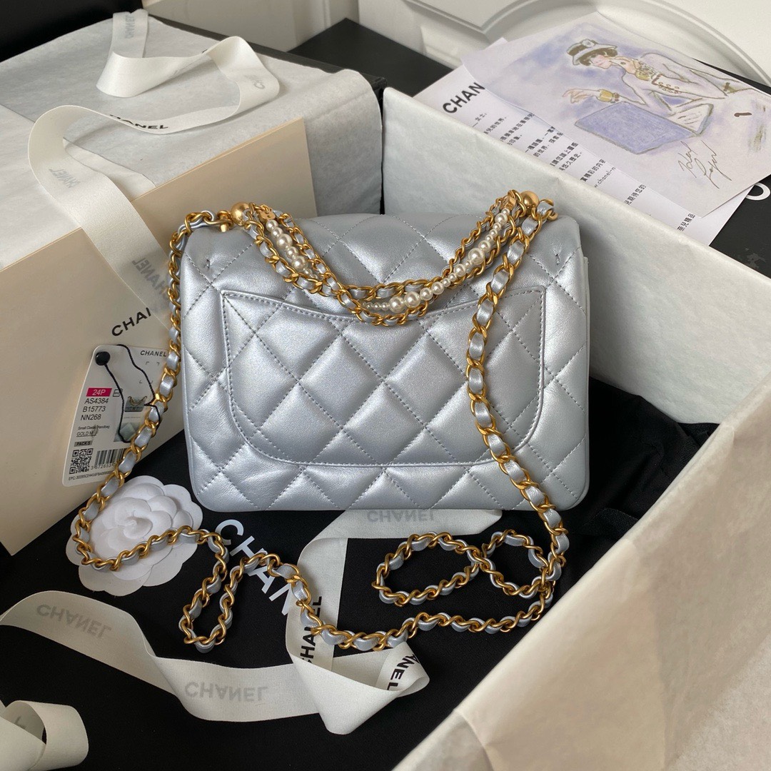 Bagsaaa Ch**el Flap Bag With Pearl Chain Strap Silver - 14.5x19.5x7.5cm