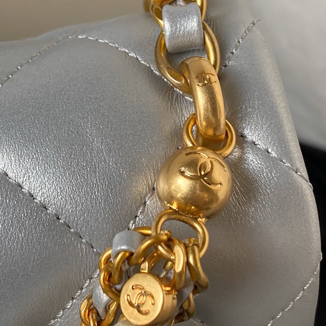 Bagsaaa Ch**el Flap Bag With Pearl Chain Strap Silver - 14.5x19.5x7.5cm
