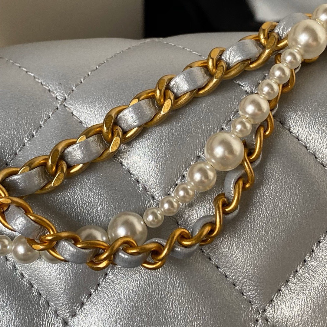 Bagsaaa Ch**el Flap Bag With Pearl Chain Strap Silver - 14.5x19.5x7.5cm