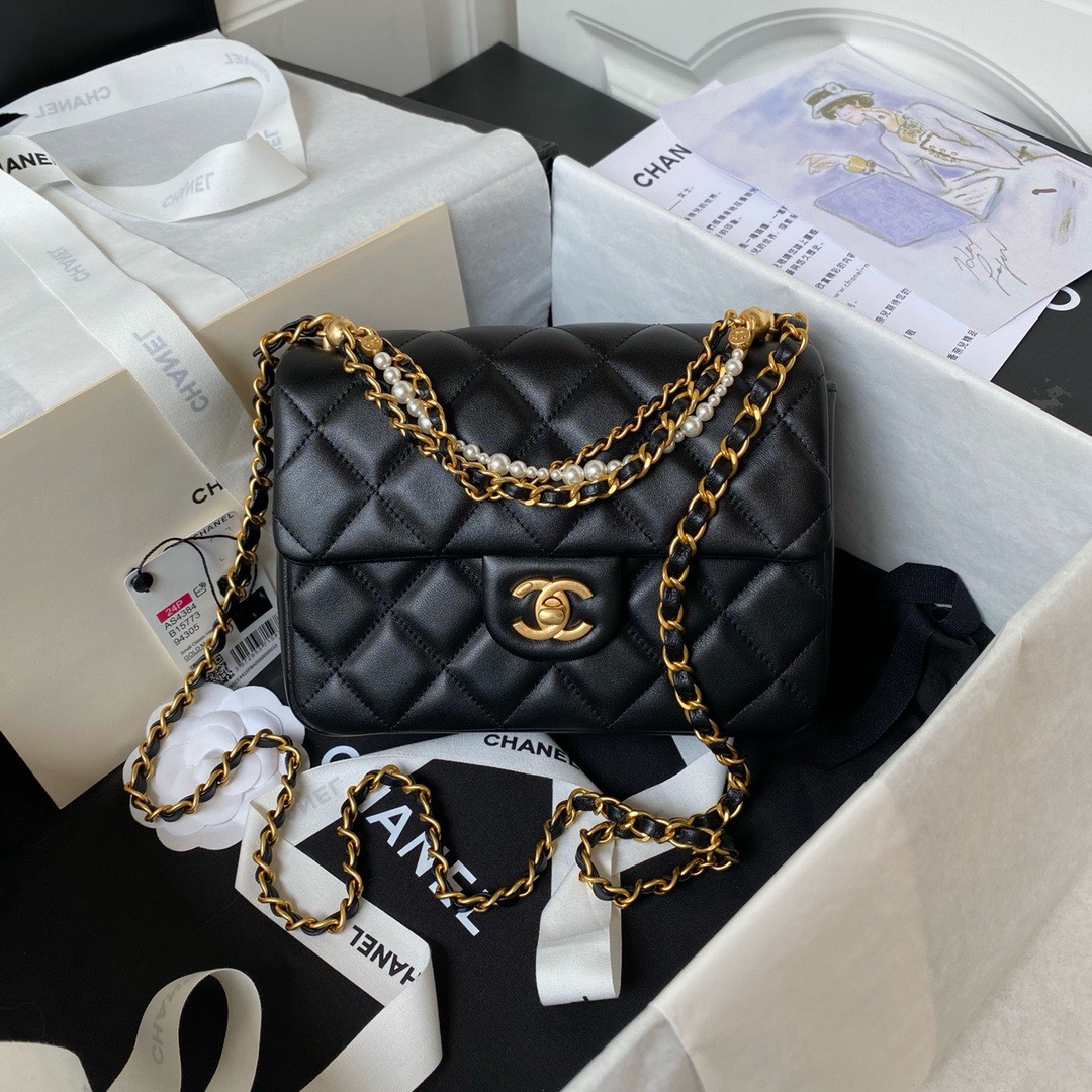 Bagsaaa Ch**el Mini Flap Bag AS4385 Black Lambskin With Pearl - 12.5 × 17 × 5 cm
