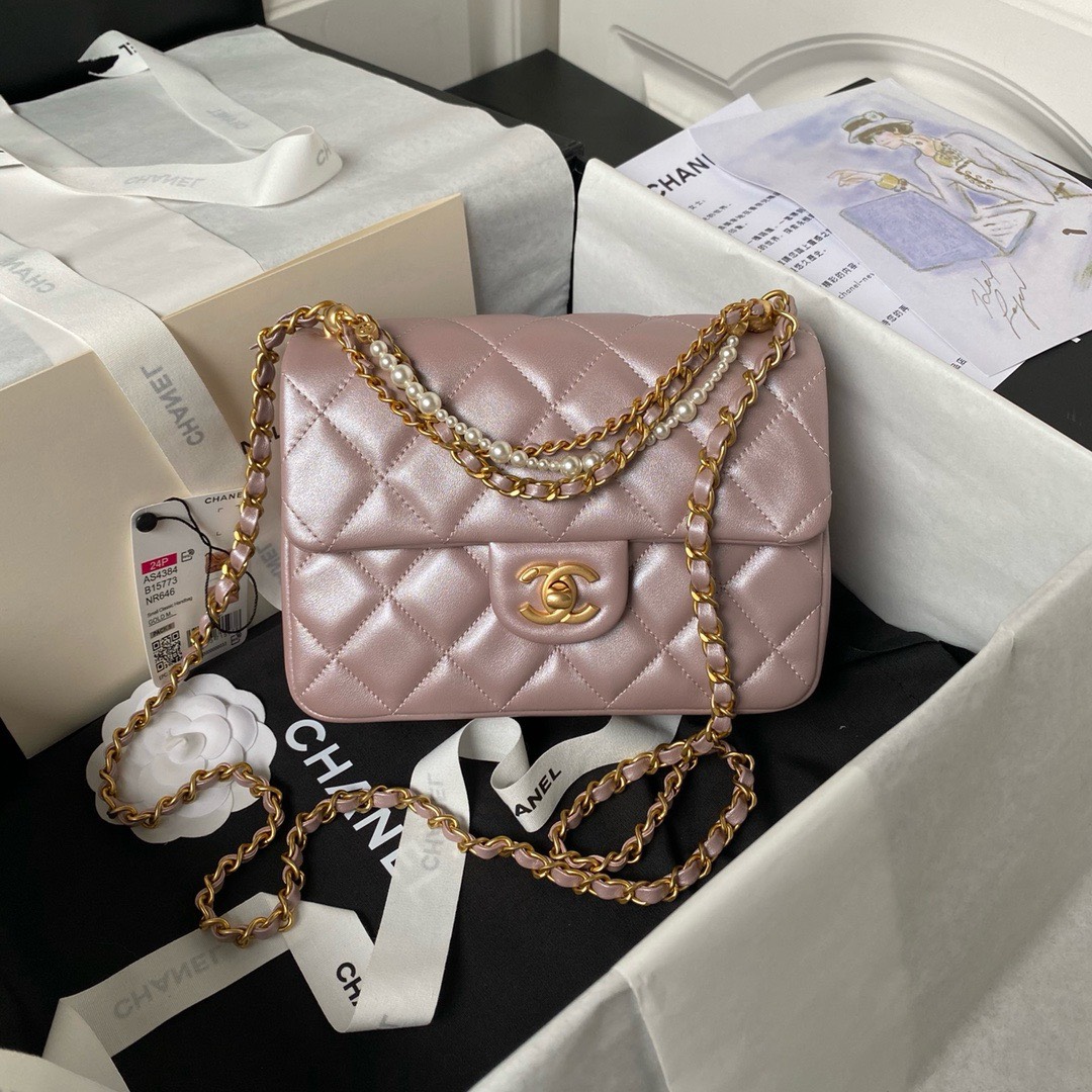Bagsaaa Ch**el Flap Bag With Pearl Chain Strap Pink - 14.5x19.5x7.5cm