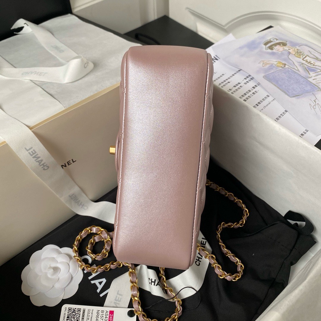 Bagsaaa Ch**el Flap Bag With Pearl Chain Strap Pink - 14.5x19.5x7.5cm