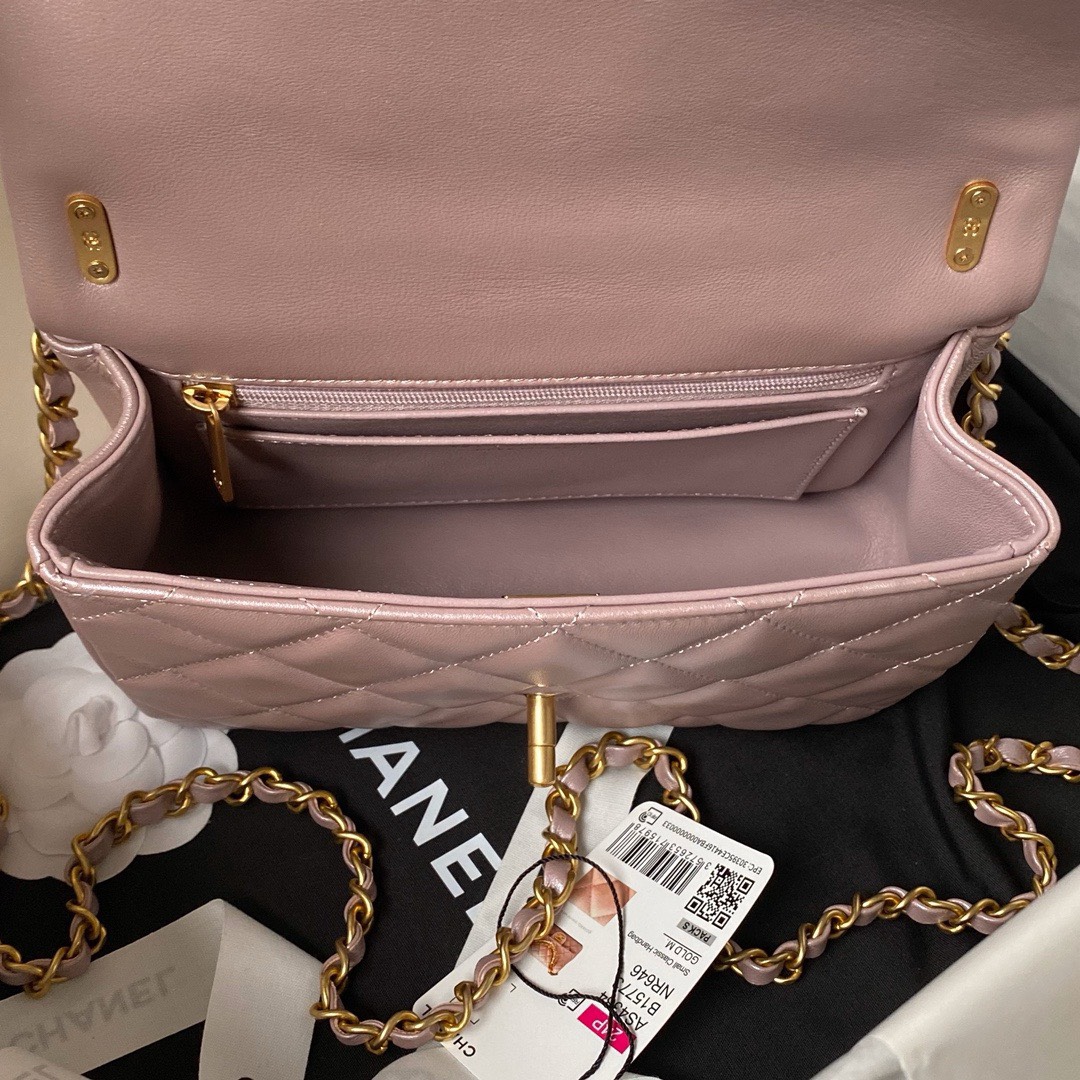 Bagsaaa Ch**el Flap Bag With Pearl Chain Strap Pink - 14.5x19.5x7.5cm