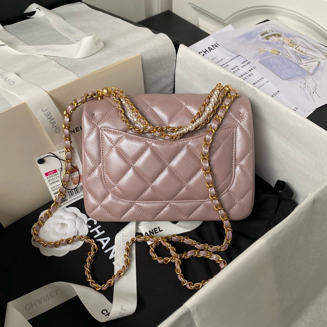 Bagsaaa Ch**el Flap Bag With Pearl Chain Strap Pink - 14.5x19.5x7.5cm