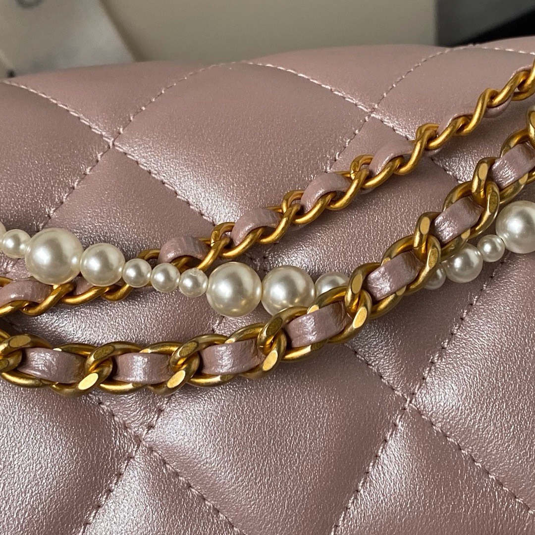 Bagsaaa Ch**el Flap Bag With Pearl Chain Strap Pink - 14.5x19.5x7.5cm