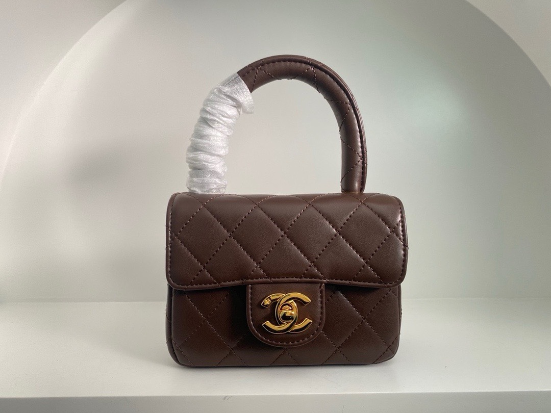 Bagsaaa Ch**el Vintage Brown Leather Top handle Flap Bag - 18cm