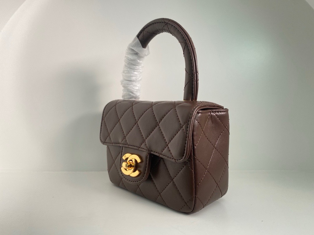 Bagsaaa Ch**el Vintage Brown Leather Top handle Flap Bag - 18cm