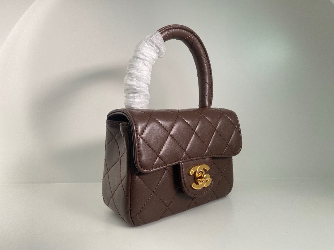 Bagsaaa Ch**el Vintage Brown Leather Top handle Flap Bag - 18cm