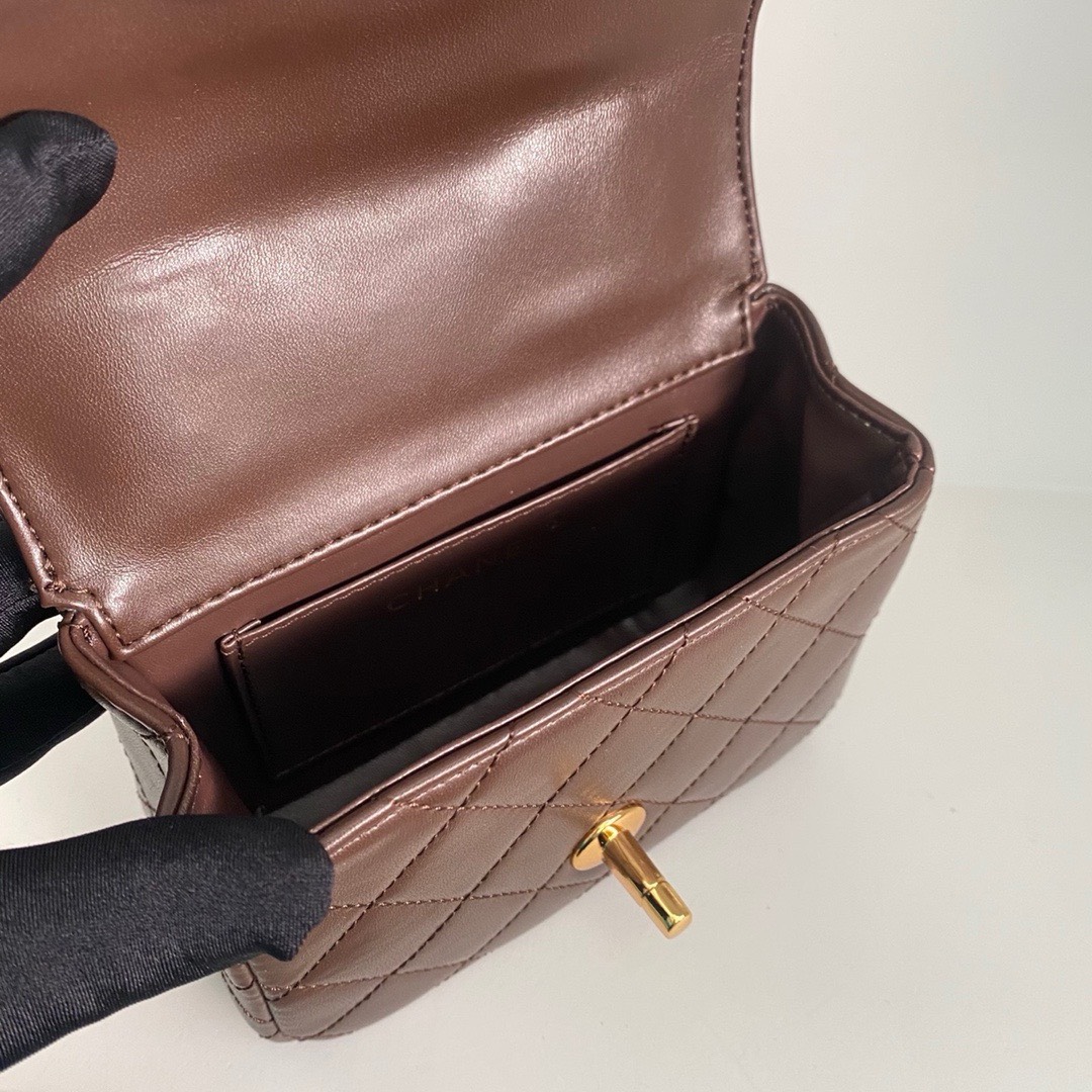 Bagsaaa Ch**el Vintage Brown Leather Top handle Flap Bag - 18cm